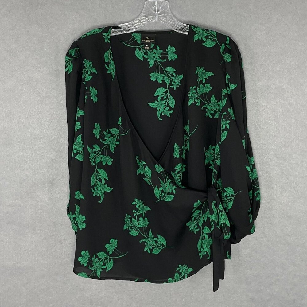 Worthington Top Womens Petite Large Dark‎ Floral Wrap V-Neck Elegant Office